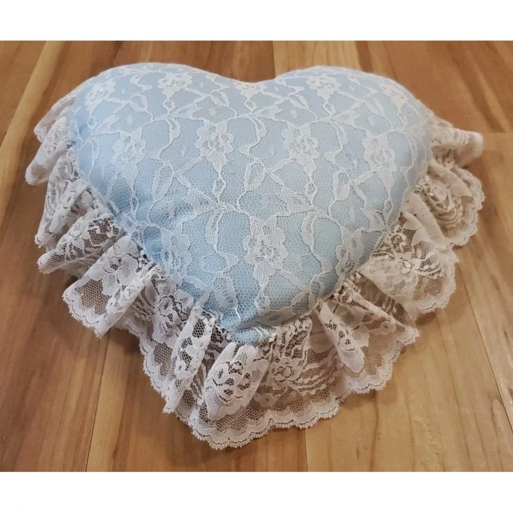 Heart Shaped Floral Lace Throw Pillow Light Blue Cottagecore‎ Victorian Romantic